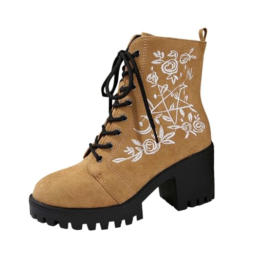 DKLOVIFU Modische Damenstiefel mit Klobigem Absatz und Stickerei, Stiefeletten Damen Trachten Elegant Wildleder von DKLOVIFU