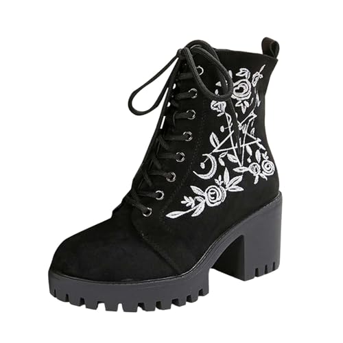DKLOVIFU Modische Damenstiefel mit Klobigem Absatz und Stickerei, Stiefeletten Damen Trachten Elegant Wildleder von DKLOVIFU