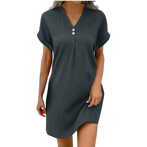 DKLOVIFU Musselin Kleid Damen Sommerkleider Leicht und Luftig, Einfarbige mit Knöpfen Lässiges Kurzarm Sommerkleid Leicht Musselin Bluse Kleid Boho Strandkleider A-Linie Kleid Freizeitkleid von DKLOVIFU