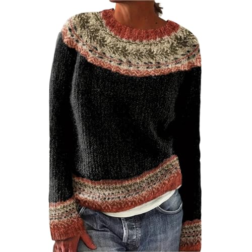 DKLOVIFU Norweger Pullover Damen Women's Knitted Isle Print Retro Sweater Casual Loose Crewneck Long Sleeve Lightweight Cropped Pullover von DKLOVIFU