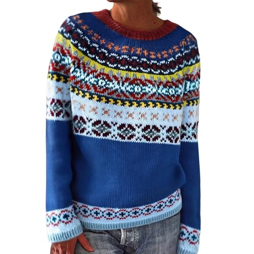 DKLOVIFU Norweger Pullover Damen Women's Knitted Isle Print Retro Sweater Casual Loose Crewneck Long Sleeve Lightweight Cropped Pullover von DKLOVIFU