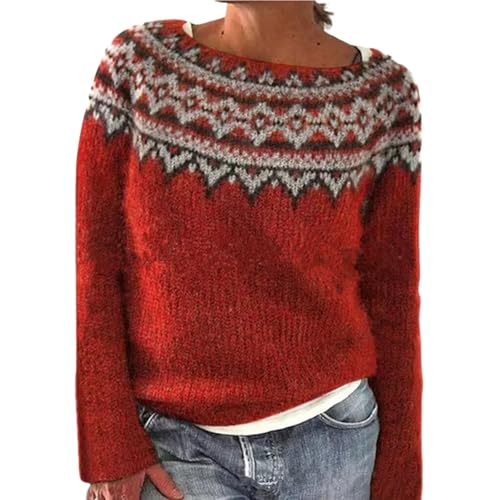 DKLOVIFU Norweger Pullover Damen Women's Knitted Isle Print Retro Sweater Casual Loose Crewneck Long Sleeve Lightweight Cropped Pullover von DKLOVIFU