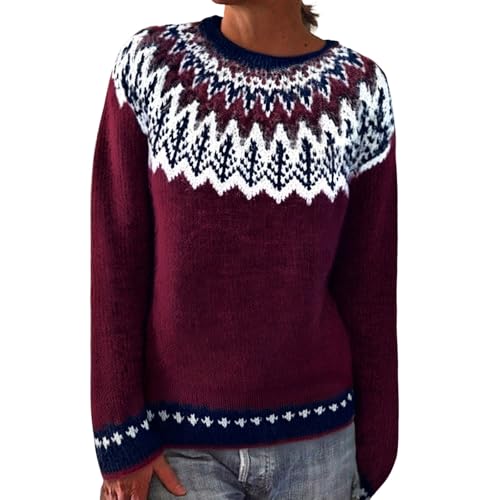 DKLOVIFU Norweger Pullover Damen Women's Knitted Isle Print Retro Sweater Casual Loose Crewneck Long Sleeve Lightweight Cropped Pullover von DKLOVIFU