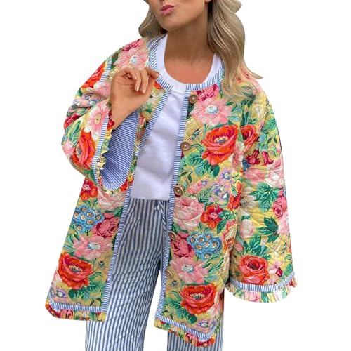 DKLOVIFU Puffer Jacke Damen Steppjacke Damen Pufferjacke mit Blumendruck Winter Vintage Offene Jacke Vorne Leichte Steppjacke mit Langen Ärmeln Cardigan Outwear Pufferjacke im Boho Stil von DKLOVIFU