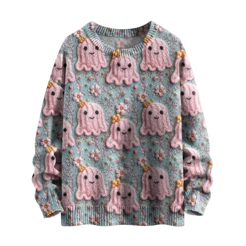 DKLOVIFU Pullover Halloween Geist Bedrucktes Oberteil, Modisches, Gestreiftes, Dick Gestricktes, Langärmliges Sweatshirt mit Rundhalsausschnitt Hemd Ohne Kapuze Party Festlich Kleidung von DKLOVIFU