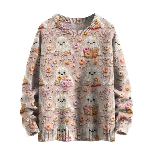 DKLOVIFU Pullover Halloween Geist Bedrucktes Oberteil, Modisches, Gestreiftes, Dick Gestricktes, Langärmliges Sweatshirt mit Rundhalsausschnitt Hemd Ohne Kapuze Party Festlich Kleidung von DKLOVIFU