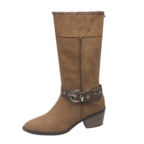 DKLOVIFU Retro Chunky Boots Winter Dicker Absatz Schnallenriemen Stiefel Halbstiefel Runde Schlupfschuhe Niederung Stiefel von DKLOVIFU