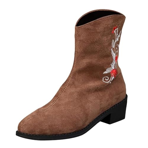 DKLOVIFU Retro Stiefel Damen Casual Langschaft Boots Winterschuhe Mid Calf Kniehoher Quadratischer Absatz Bestickte Damenstiefel von DKLOVIFU