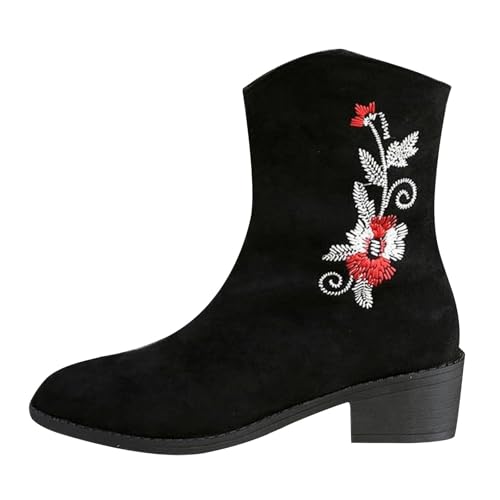 DKLOVIFU Retro Stiefel Damen Casual Langschaft Boots Winterschuhe Mid Calf Kniehoher Quadratischer Absatz Bestickte Damenstiefel von DKLOVIFU