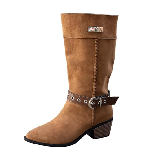 DKLOVIFU Stiefeletten Damen Fleece Gefütterte Wildlederstiefel mit Schnalle und Nordwestwind Design, Tragen Sie Pile-Stiefel und Retro Stiefel mit Spitzer Zehenpartie von DKLOVIFU