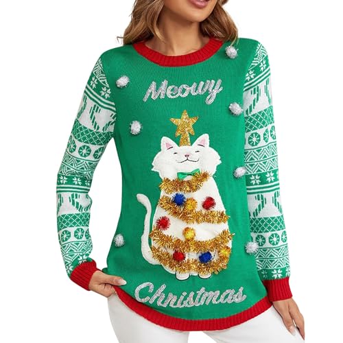 DKLOVIFU Weihnachtspullover Christmas Langarmshirt Lustig Longpullover für Damen Weihnachtspulli 198 von DKLOVIFU