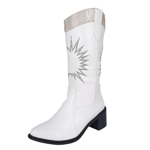 DKLOVIFU Winter Damen Boots Embroidered Chunky Heel Riding Boots Stiefel Damen Weiter Schaft Flach Rutschfeste Laufsohle Elegant von DKLOVIFU