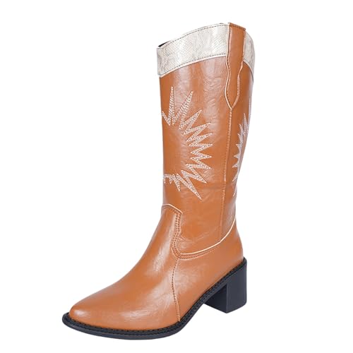 DKLOVIFU Winter Damen Boots Embroidered Chunky Heel Riding Boots Stiefel Damen Weiter Schaft Flach Rutschfeste Laufsohle Elegant von DKLOVIFU