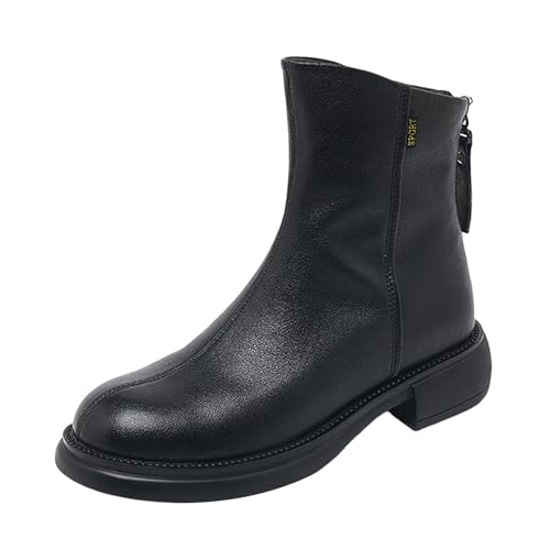 DKLOVIFU Winter Weiche Lederstiefel für Damen, Schwarze Knöchelstiefel Frauen Mittlerer Absatz Chunky Kurze Stiefel Herbst von DKLOVIFU