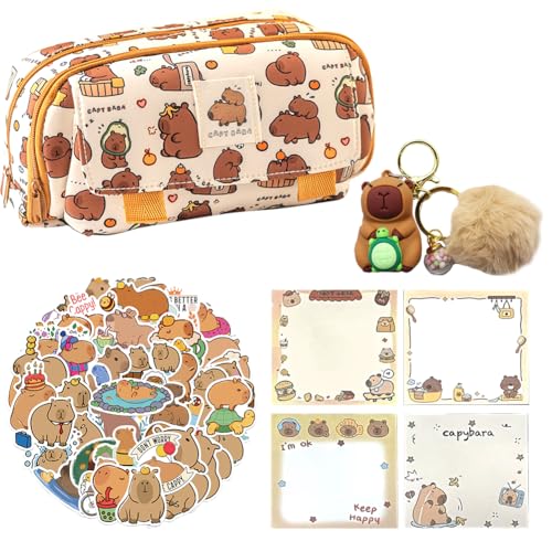 DKLQXCE Capybara Federmäppchen, Capybara Schreibwaren Set, Süßes Schreibwaren Geschenkset mit Federmäppchen Haftnotizen Anhänger Puppen und Aufkleber, für Büro Schule Studenten Schreibwaren von DKLQXCE