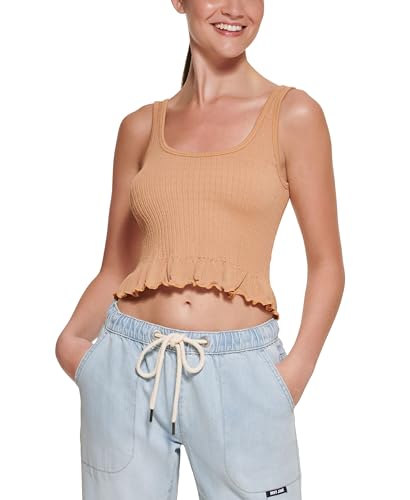 DKNY Jeans Cropped-Tanktop für Damen mit gerüschtem Saum, Doe, Größe XL, Doe, X-Large von DKNY Jeans