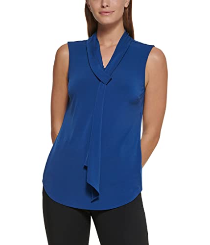 DKNY Damen Ärmelloses, Plissiertes Oberteil mit Bindekragen Bluse, Lapisblau, X-Large von DKNY