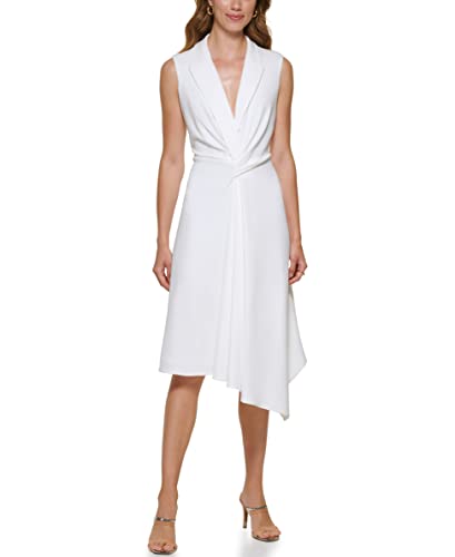 DKNY Damen Asymmetrischer Saum Scuba Crêpe V-Ausschnitt Kleid, Elfenbein, 36 von DKNY