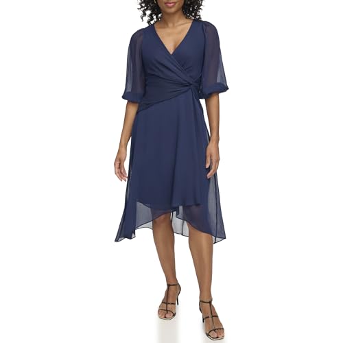 DKNY Damen Chiffon 3/4 Ärmel Faux Wrap Kleid, Midnight NVY, 34 von DKNY
