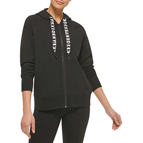 DKNY Damen Logo, Kordelzug, Reißverschluss, Activewear Sweatshirt Kapuzenpullover, Schwarz, L von DKNY