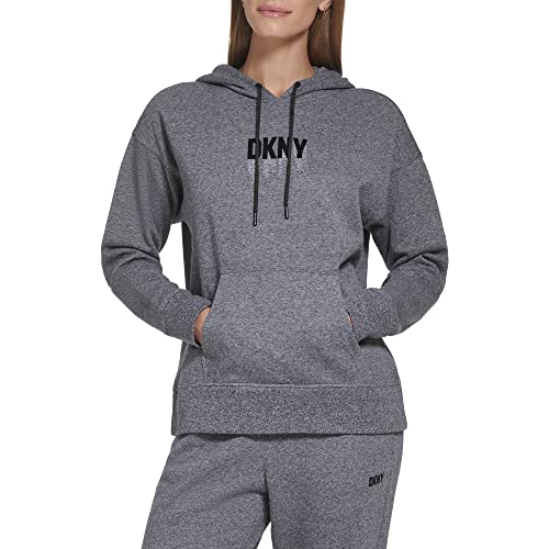 DKNY Damen Elfenbeinfarbene Baumwollmischung gerippte Taschen befestigte Kapuze Kordelzug Langarm Hoodie Pullover Sweatshirt, Schwarz meliert, XS von DKNY