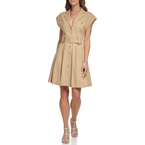 DKNY Damen Fit and Flare Wear to Work Belted Shirt Dress Kleid, Khaki, 38 von DKNY