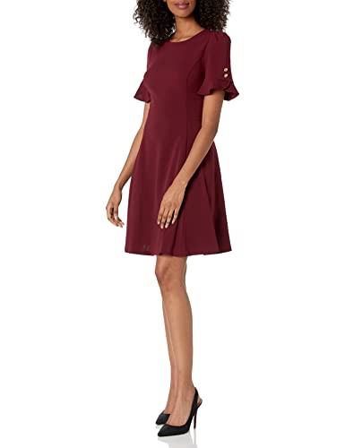 DKNY Damen Flounce Fit and Flare with Button Sleeve Kleid, New Maroon, 36 von DKNY