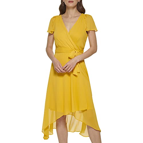 DKNY Damen Fuax-Wickelkleid mit Flatterärmeln Kleid, Goldfarben, 44 von DKNY