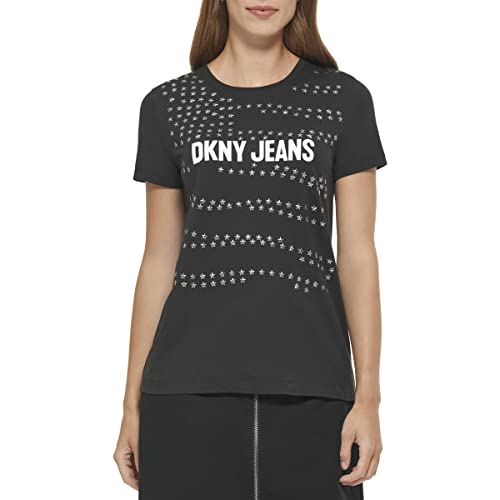 DKNY Damen Jeans Logo with All Over Stud Detailing T-Shirt, Schwarz, M EU von DKNY
