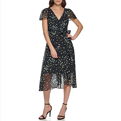 DKNY Damen Kurzärmeliges Wickelkleid mit asymmetrischem Saum Kleid, Blau gesprenkelt, 46 von DKNY