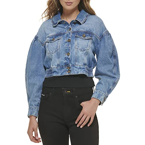 DKNY Damen Ls Puff Button Front Cropped Denim Jacket, Dark Wash, M EU von DKNY