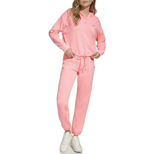 DKNY Damen Metallic Bubble Logo Button Front Hoodie with Drawcord Sweatshirt, Atomic Pink, L EU von DKNY