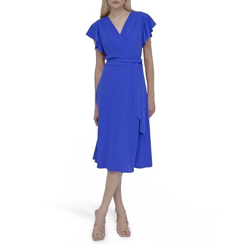 DKNY Damen-Midikleid mit Flatterärmeln, Schnürung und ausgestelltem Kleid, Cosmic Blue (blau), 38 von DKNY