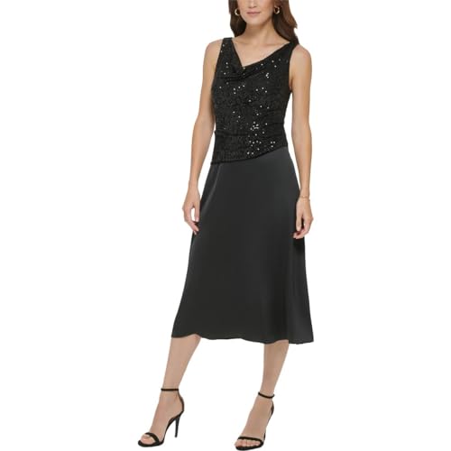 DKNY Damen Mix Media Kleid aus Crêpe mit Wasserfallkragen, Satin hinten, Schwarz, 46 von DKNY