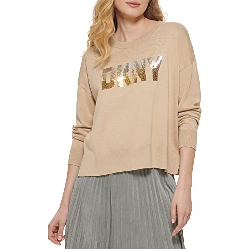 DKNY Damen Ombre Pailletten Langarm Pullover, Palamino Heather/Gold Ombre, Klein von DKNY