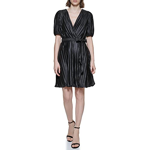 DKNY Damen Puff Sleeve V-neck Pleated Dress, Schwarz, 42 EU von DKNY