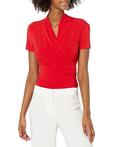 DKNY Damen Kurzärmelige Anzugbluse mit Gekreuzter Vorderseite Hemd, Mohnblume/Ausflug, einfarbig (Poppy/Getaway Solids), Groß von DKNY