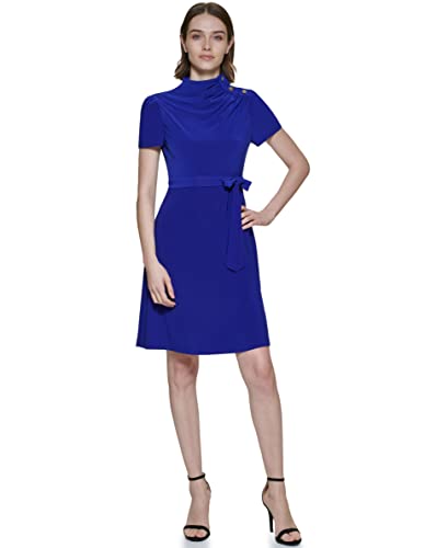 DKNY Damen Short Sleeve Funnel Neck With Belt Dress, Berry Blue, 38 EU von DKNY