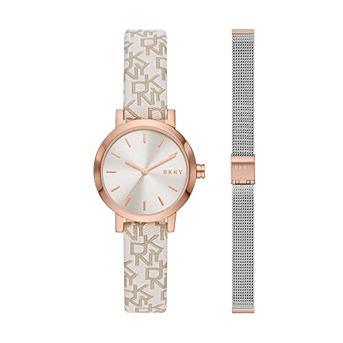 DKNY Damenuhren Soho, Dreizeigeruhrwerk, 28mm Rose Gold Edelstahlgehäuse mit Edelstahlarmband, NY6605SET von DKNY