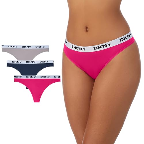 DKNY Damen String aus Mikrofaser mit kontrastierendem Logo Tangahöschen, Jet/Skyline/Raspberry, XL von DKNY