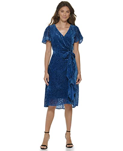 DKNY Damen Velvet Burnout V-neck Short Flutter Sleeve Faux Wrap High-low Midi Dress, Deep Ocean, 42 EU von DKNY