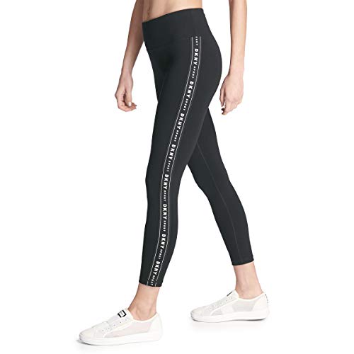 DKNY Damen hoher Taille, Taping Leggings, Schwarz mit Schwarz-weißem Logo-Klebeband, Klein von DKNY