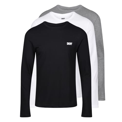 DKNY Herren Langarm Slim Fit Leichtgewichts-Oberteil in Schwarz/Weiß/Grau mit Rundhalsausschnitt und Markenlogo - 100% Baumwolle, super weich und Bequeme Loungewear. von DKNY