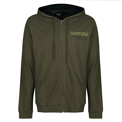 DKNY Herren Mens Hoodie Zip Top in Khaki with Contrasting Hood Lining, Angled Side Pockets & Branded Drazw Cord Ends Hooded Sweatshirt, Large von DKNY