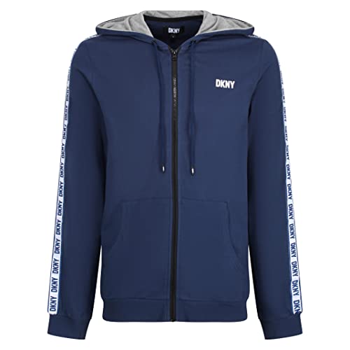 DKNY Herren Mens Long Sleeved Hooded Zip Top in Navy with Branded Arm Detailing-100% Cotton Hoody, Extra Large von DKNY