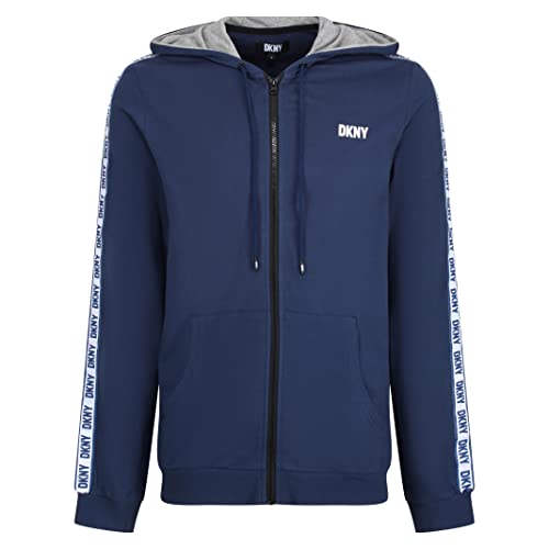 DKNY Herren Mens Long Sleeved Hooded Zip Top in Navy with Branded Arm Detailing-100% Cotton Hoody, Medium von DKNY