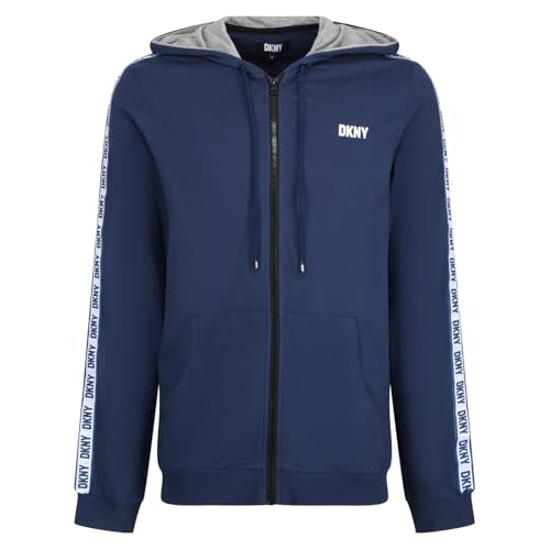 DKNY Herren Mens Long Sleeved Hooded Zip Top in Navy with Branded Arm Detailing-100% Cotton Hoody, Medium von DKNY