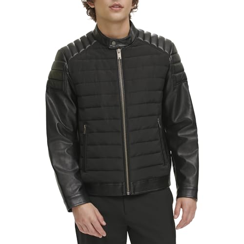 DKNY Herren Mixed Media Kunstleder Puffer Motocros Racer Jacke, Schwarz, L von DKNY