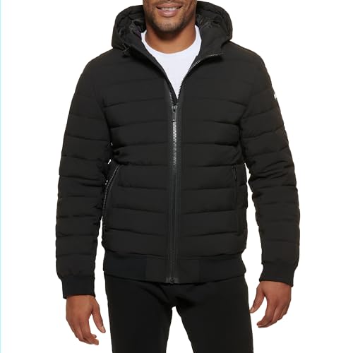 DKNY Herren Quilted Performance Hooded Bomber Jacket Alternativer Daunenmantel, Schwarz Matt Stretch, Small von DKNY