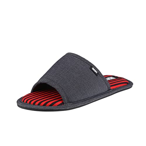 DKNY Herren Slider Slider Slipper in Grau mit kontrastierendem rot gestreiftem Futter und Allover-Markendruck auf der Sohle, Größe 40/42, grau, 39/40 EU von DKNY